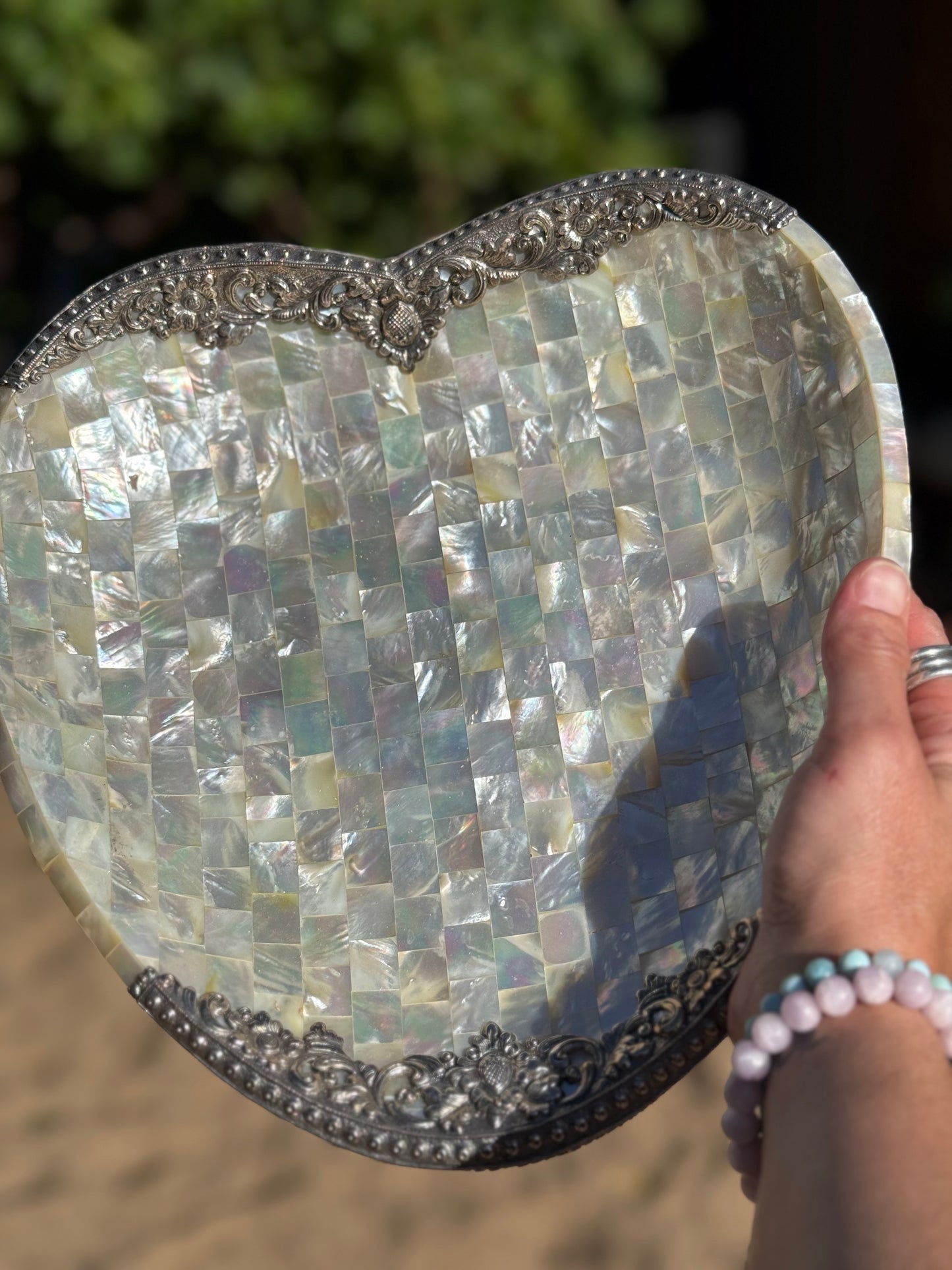 Large Antique Balinese Mother of Pearl Dish – Handcrafted with Sterling Silver Carving