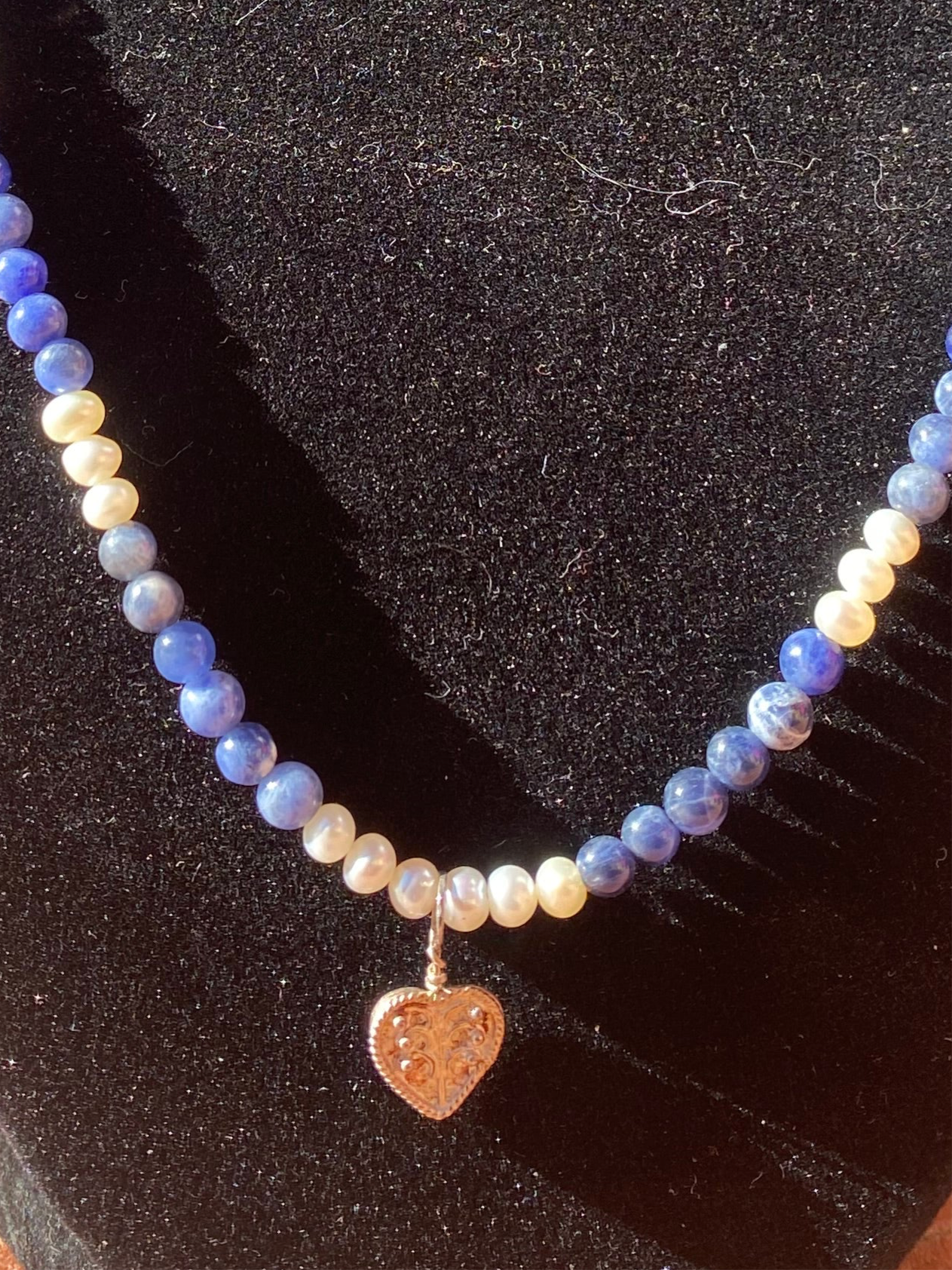 Sodalite and Freshwater Pearl Heart Pendant Necklace