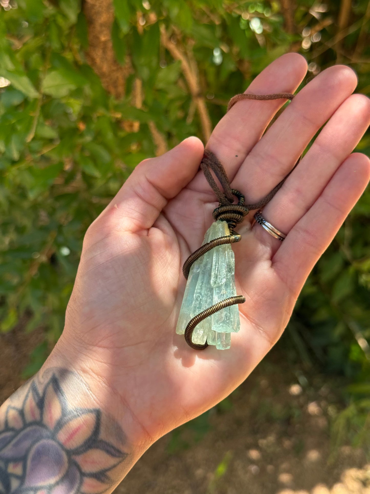 Raw Aquamarine Pendant — Wrapped in Bronze Coil | Artisan Heirloom Necklace