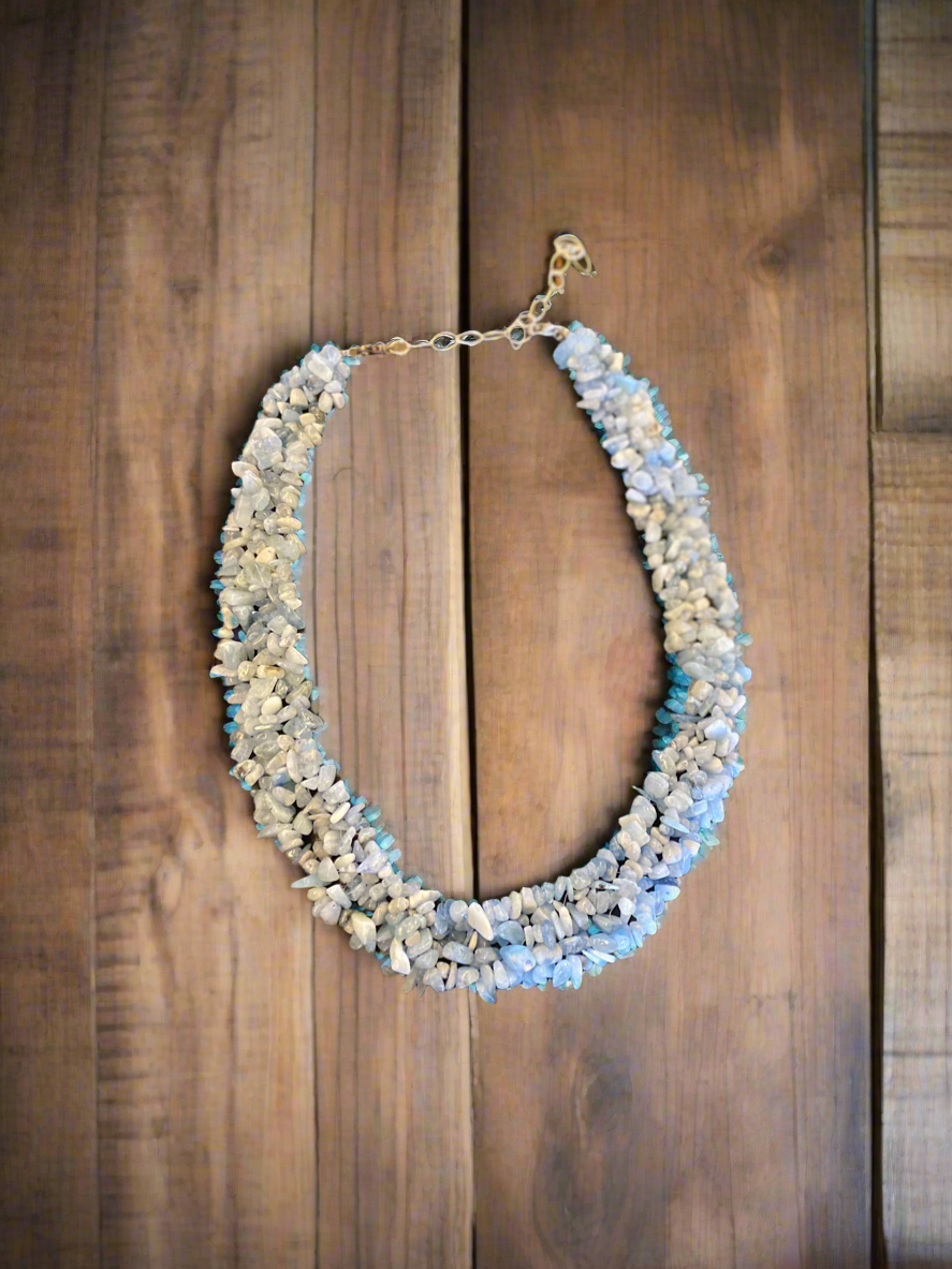 Handmade Aquamarine Beaded Necklace – Four-Strand 18-Inch Sterling Silver Adjustable Jewelry for Tranquility and Elegance