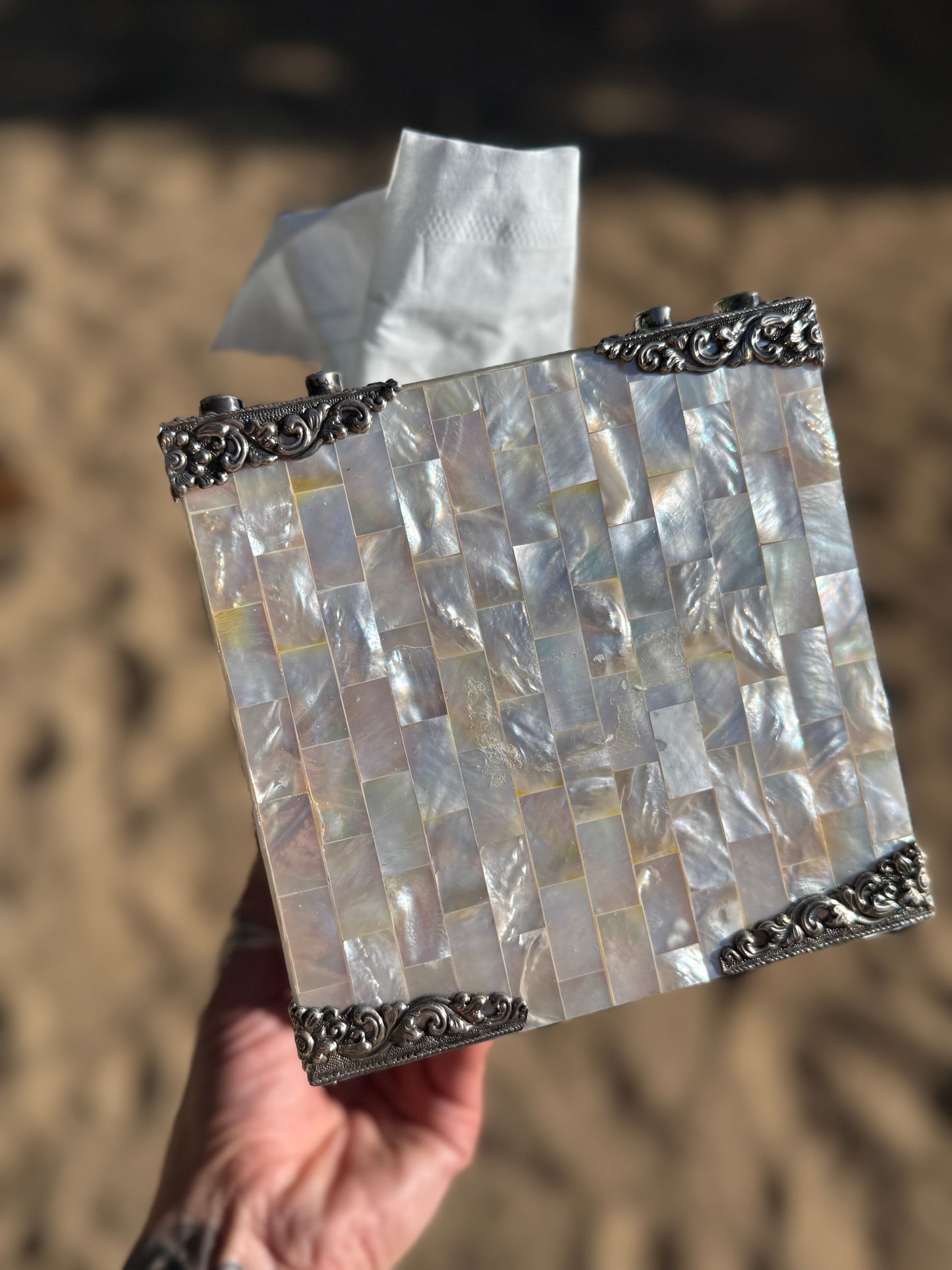 Antique Balinese Mother of Pearl Tissue Box – Sterling Silver Carved, Handmade Decor