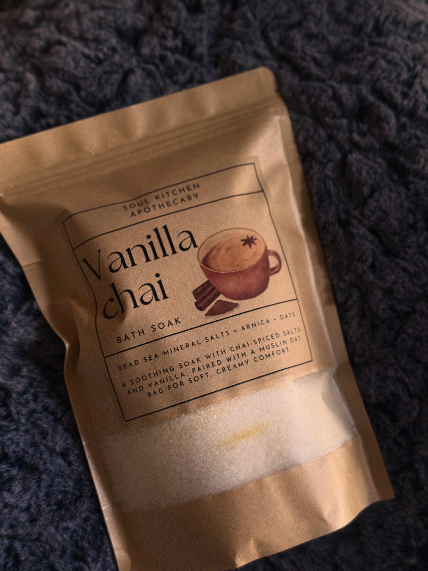 Vanilla Chai Bath Soak, chai spice bath salts, Dead Sea salt soak, arnica bath, oat bath soak, fall self-care, cozy bath ritual