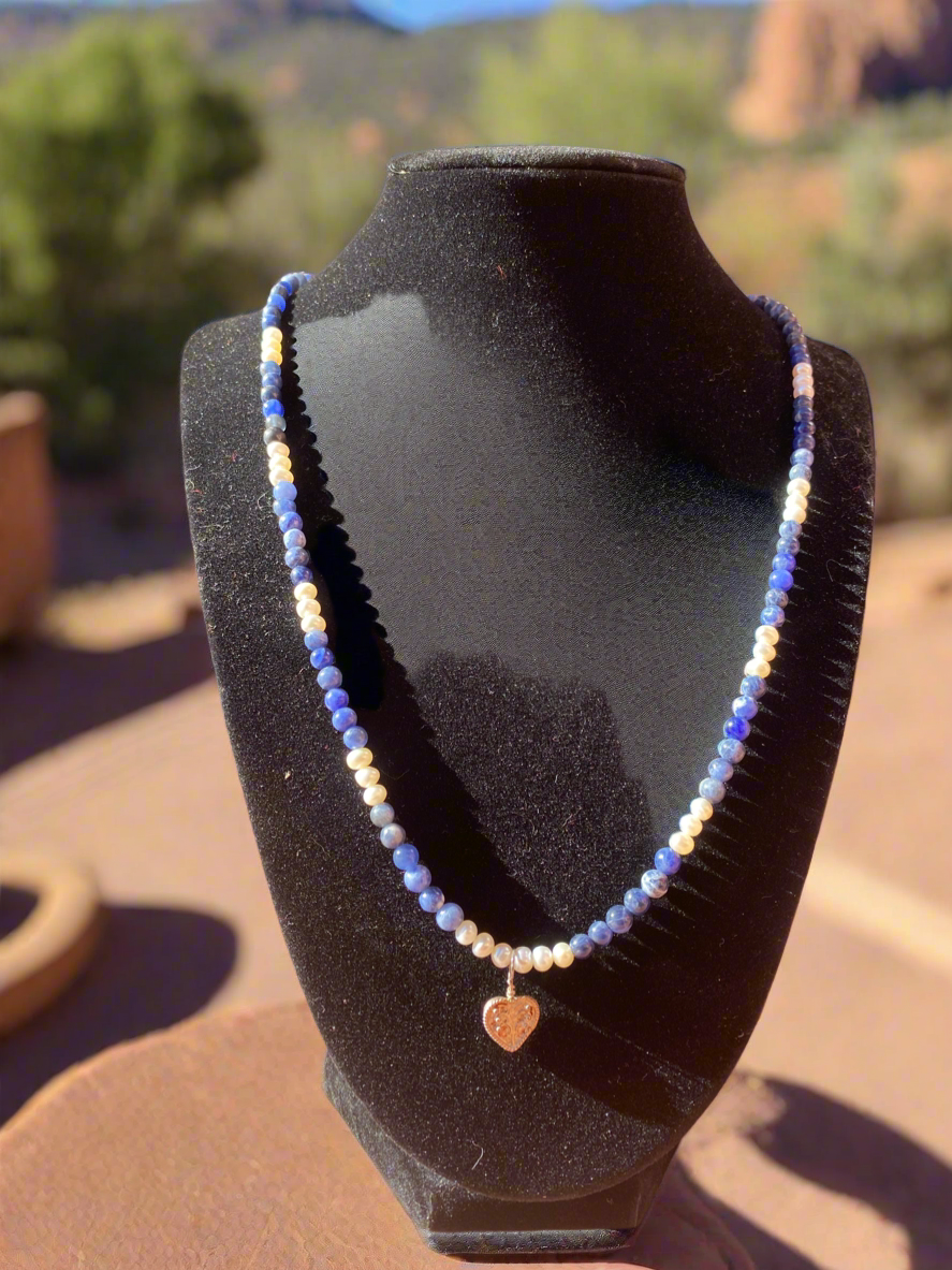 Sodalite and Freshwater Pearl Heart Pendant Necklace