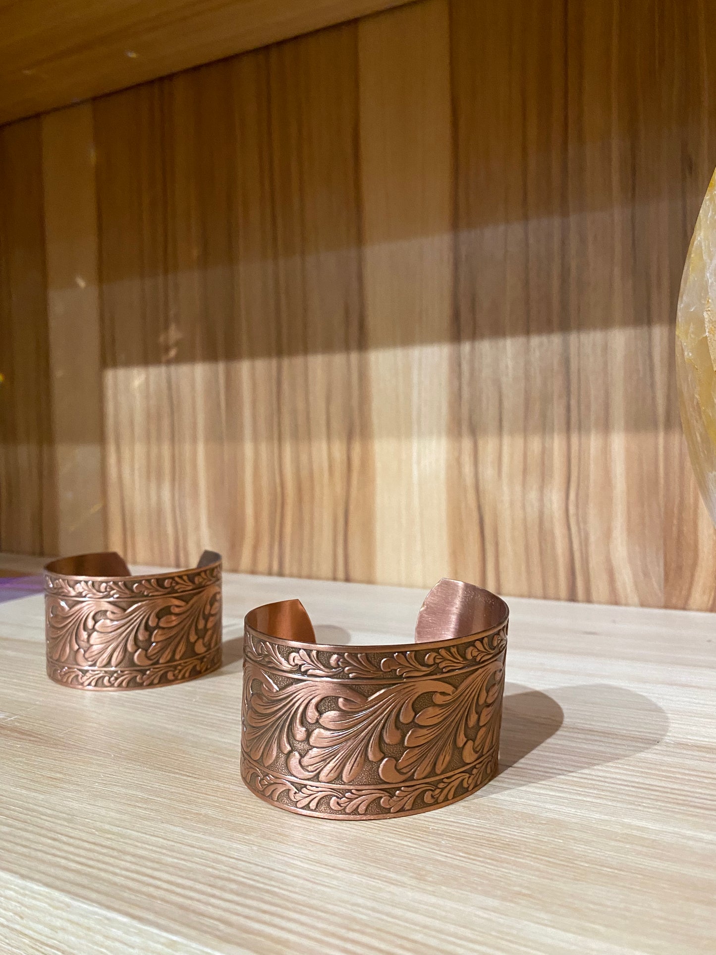 Solid Copper Adjustable Cuff Bracelets with Embossed Floral Design Antique Finish