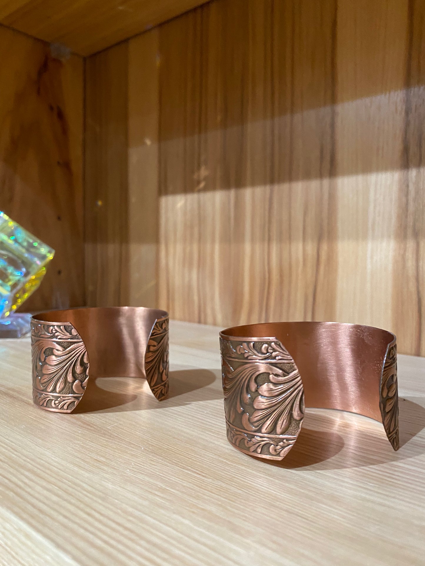 Solid Copper Adjustable Cuff Bracelets with Embossed Floral Design Antique Finish
