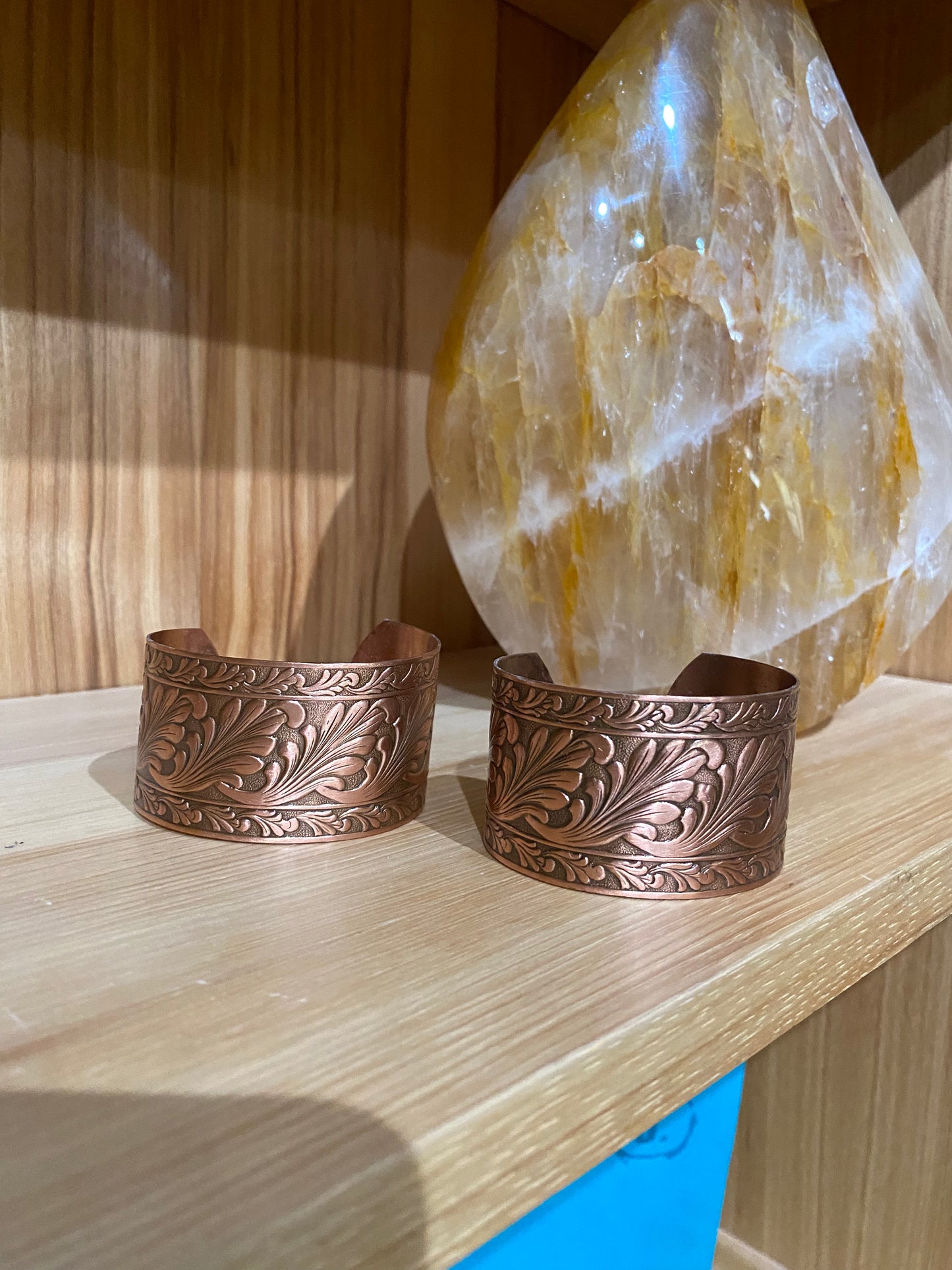 Solid Copper Adjustable Cuff Bracelets with Embossed Floral Design Antique Finish