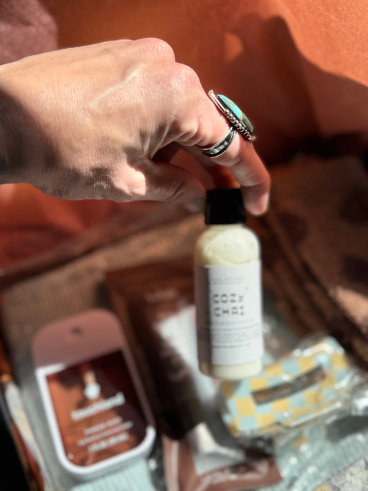 fall gift bag
autumn self care
chai lotion
lip balm gift
mini gift set
fall swag bag
travel essentials
cozy skincare set
small batch apothecary
holiday stocking stuffer
corduroy bag
autumn accessories
