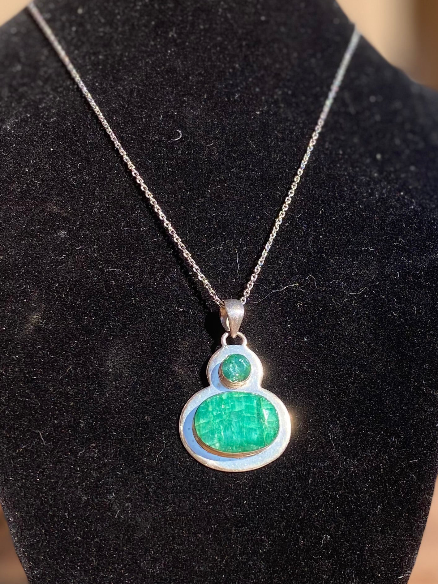 Sterling Silver Double Emerald Crystal Pendant Necklace