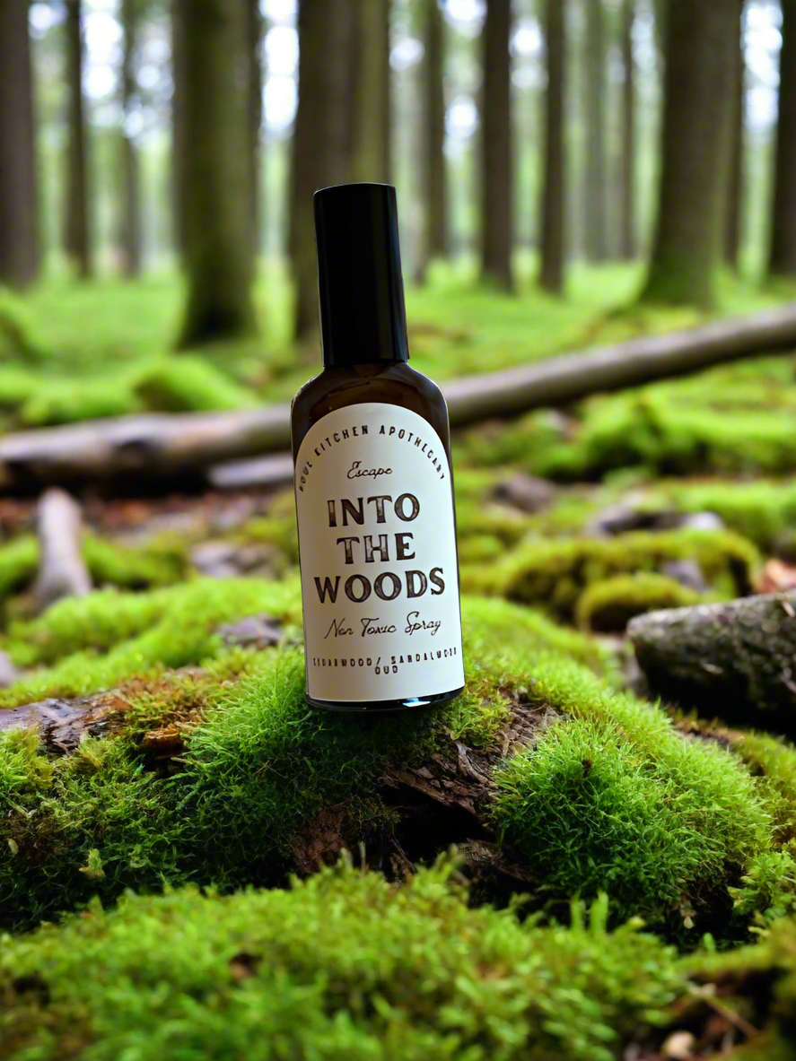 Into the Woods spray, non-toxic room spray, natural body spray, grounding forest scent, earthy essential oil spray, calming aromatherapy spray, enchanted woods room spray, eco-friendly body mist, natural home fragrance, woodsy scented room spray, all-natural air freshener, relaxing room and body spray, holistic aromatherapy mist, toxin-free home spray, nature-inspired scent spray