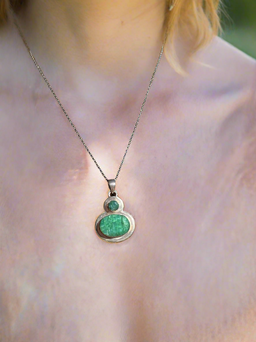 Sterling Silver Double Emerald Crystal Pendant Necklace