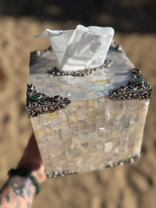 Antique Balinese Mother of Pearl Tissue Box – Sterling Silver Carved, Handmade Decor