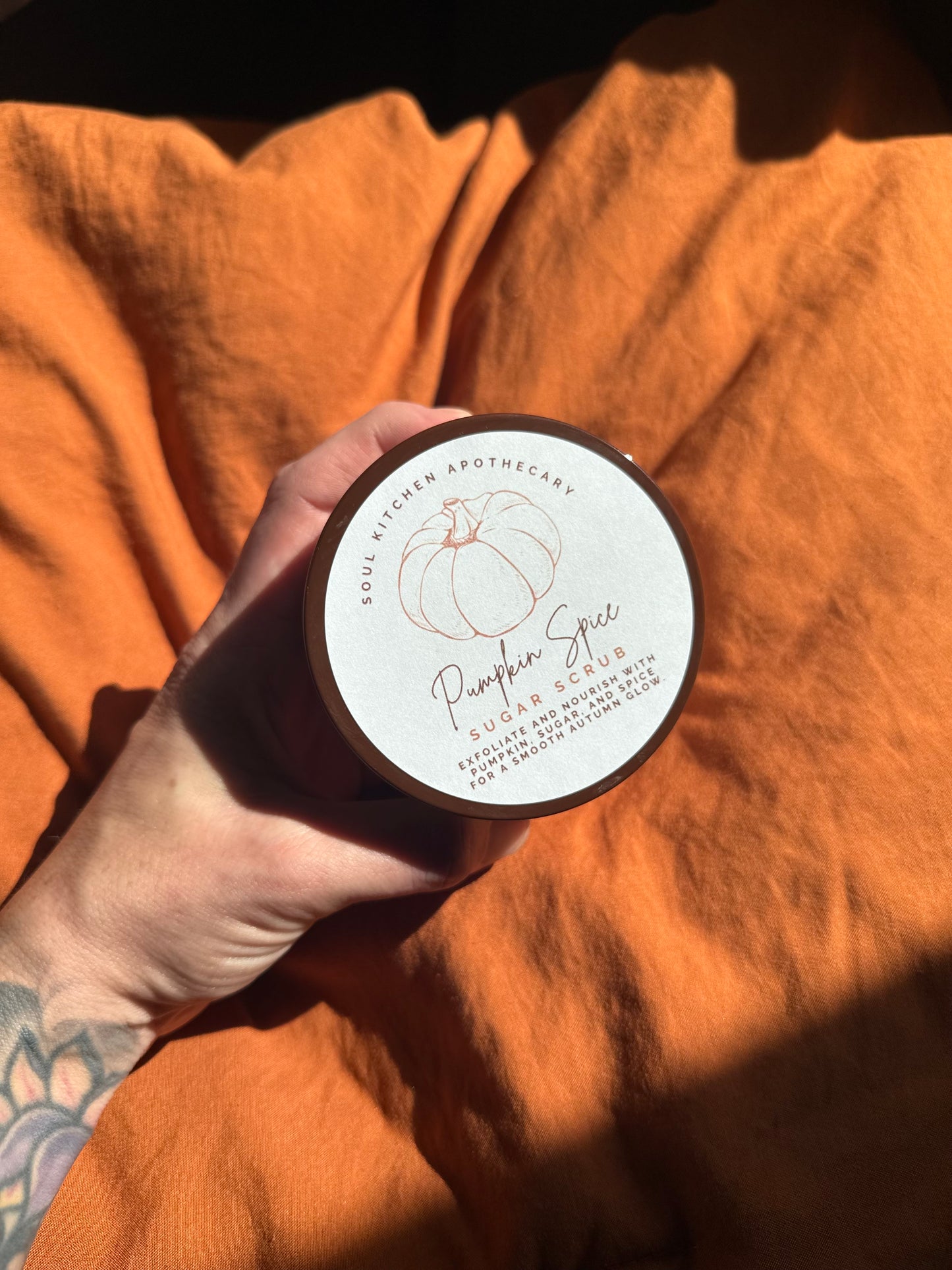 Pumpkin Spice Whipped Sugar Scrub in jar — fall exfoliating body scrub with cinnamon and nutm