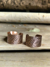 Load image into Gallery viewer, Solid Copper Adjustable Cuff Bracelets with Embossed Floral Design Antique Finish
