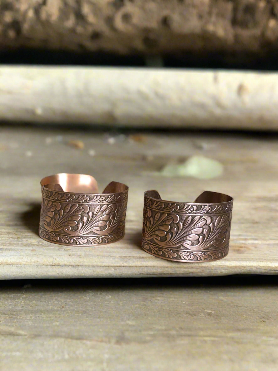 Solid Copper Adjustable Cuff Bracelets with Embossed Floral Design Antique Finish