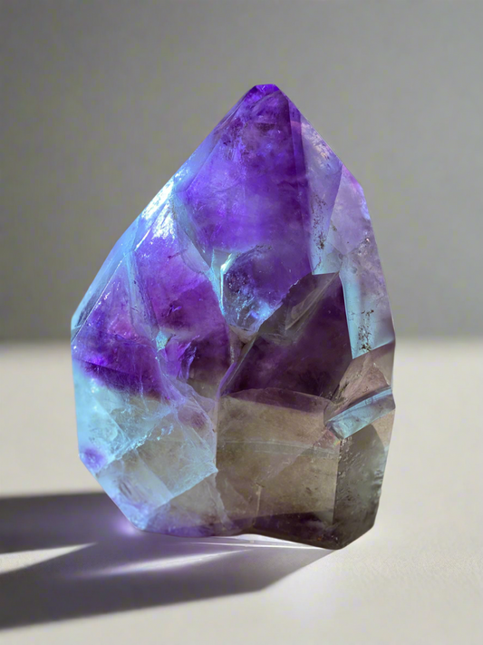 A polished, purple Amethyst crystal with natural clear quartz inclusions, situated on a white surface.