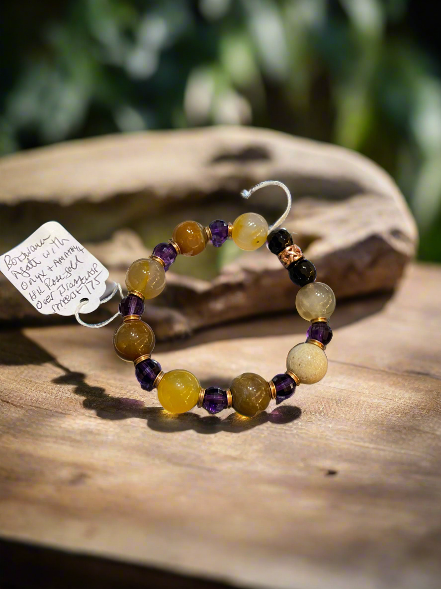 Handmade Onyx, Amethyst, and Agate Bracelet with Rose Gold Accents – Spiritual Healing Jewelry for Balance and Protection