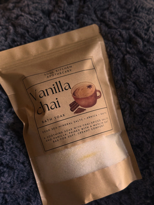 Vanilla Chai Bath Soak, chai spice bath salts, Dead Sea salt soak, arnica bath, oat bath soak, fall self-care, cozy bath ritual