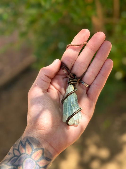 Raw Aquamarine Pendant — Wrapped in Bronze Coil | Artisan Heirloom Necklace