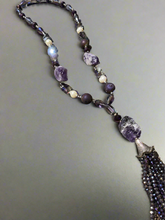 Load image into Gallery viewer, Handmade Amethyst, Blue Topaz, and Pearl Crystal Necklace with Tassel – Healing Gemstone Jewelry for Elegance and Energy Balance
