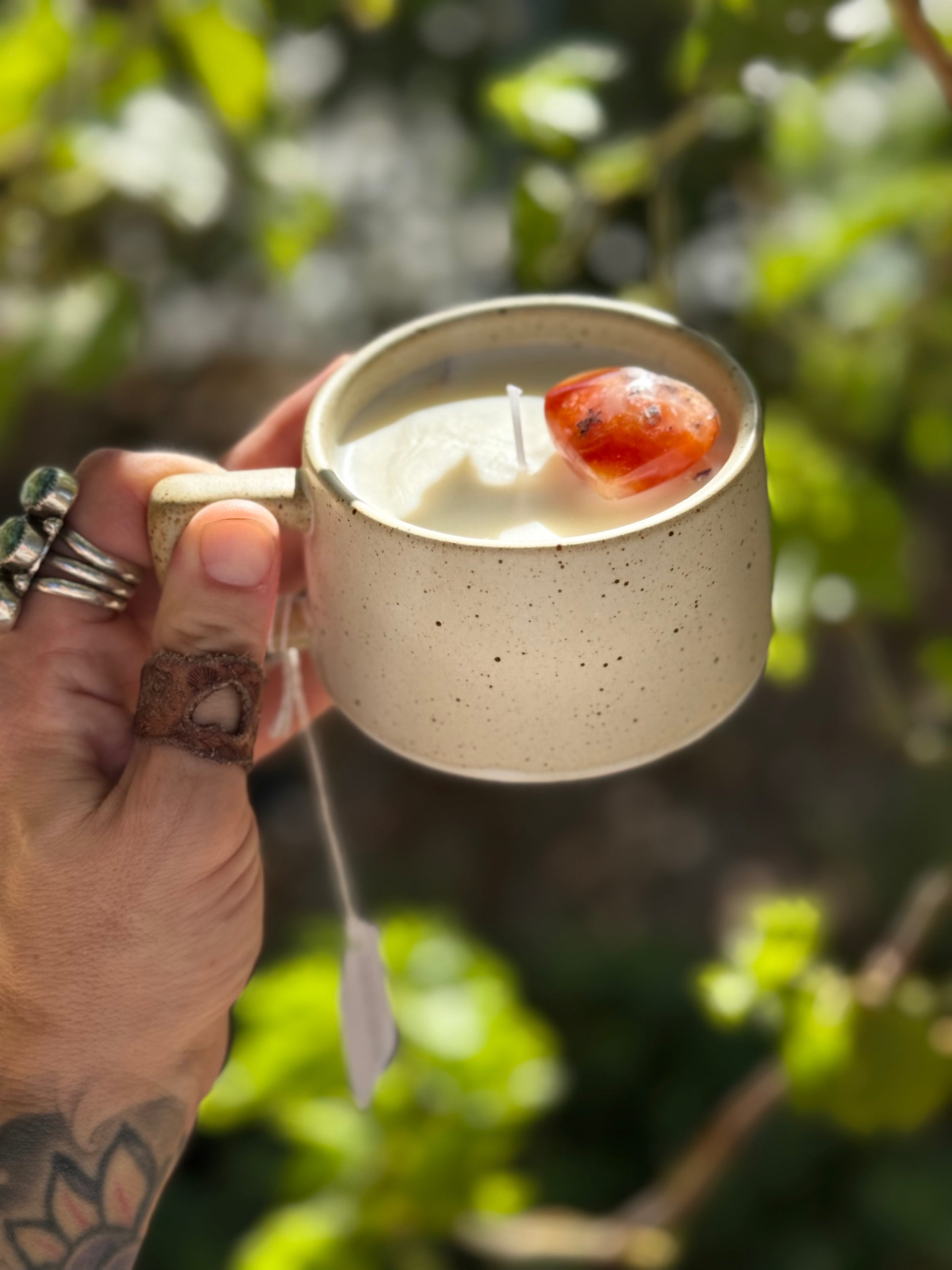 Snickerdoodle candle, Mug candle with crystal, Carnelian heart crystal candle, Hand-poured candles Prescott Arizona, One-of-a-kind candle, Reusable mug candle, Crystal infused candle, Cozy scented candle, Artisan candles Arizona, Gift candles with crystals