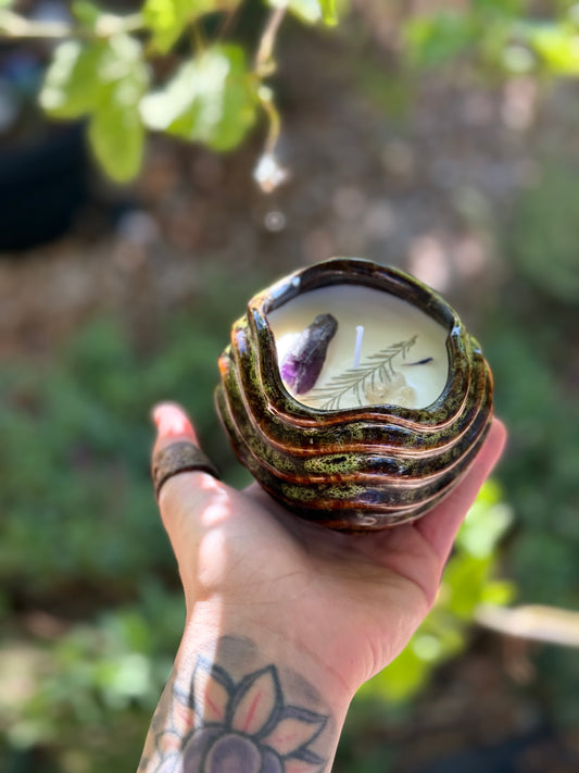 Pine spice candle, Amethyst crystal candle, Hand-poured candles Prescott Arizona, Gemstone candle, Crystal infused candle, Unique artisan candles, Cozy seasonal candle, Meditation candle, Gift candles with crystals, Home décor candles
