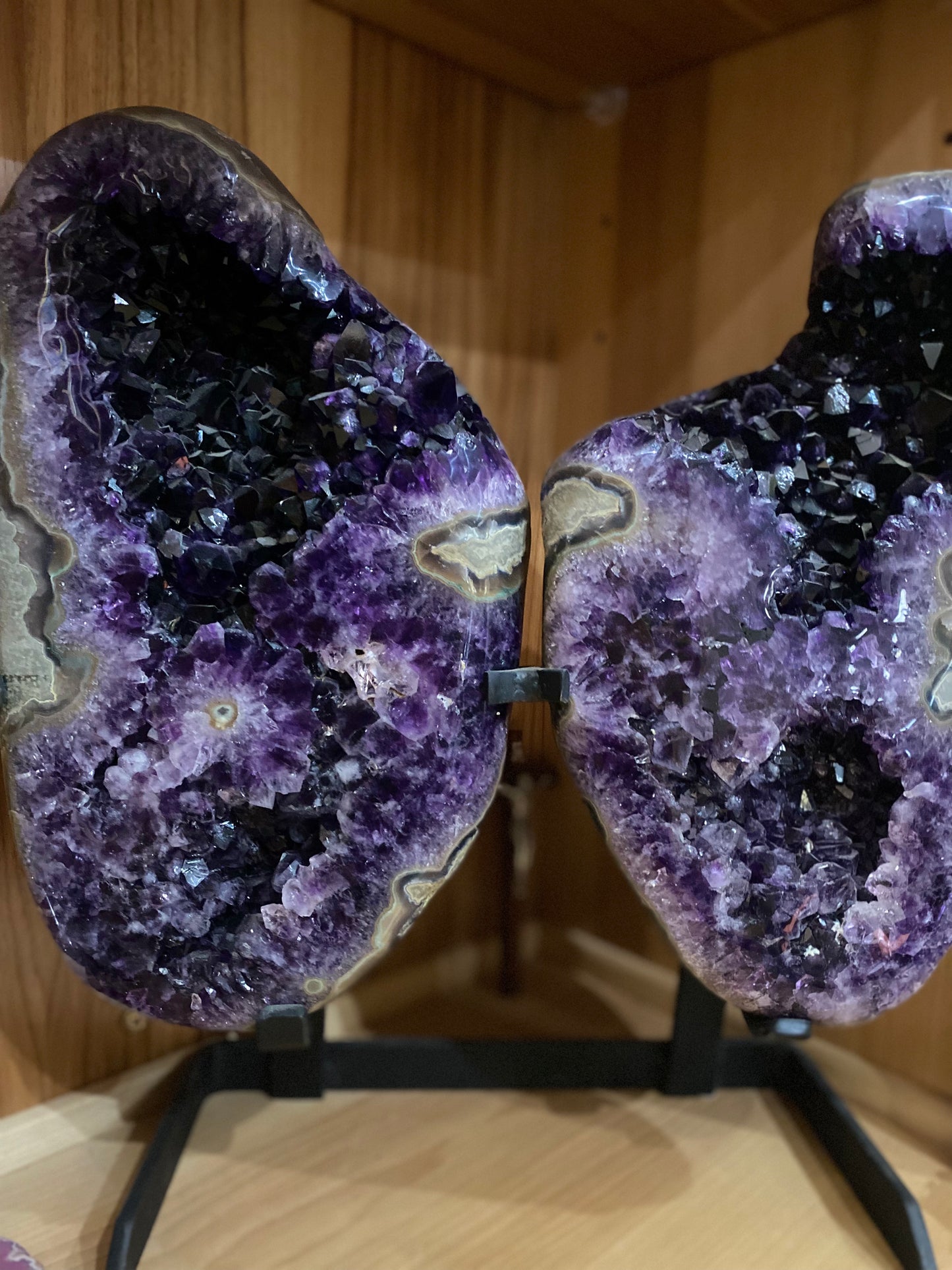Large amethyst angel wings sculpture, hand-polished purple crystal wings, mystical home decor, spiritual healing crystals, energy-clearing amethyst wings, meditation altar centerpiece, metaphysical crystal art, angelic crystal gift, natural gemstone wing decor, holistic wellness crystal, divine amethyst sculpture, sacred space decoration, crystal energy wings, luxury spiritual home accent, unique metaphysical gift, purple healing crystal wings, handcrafted angel wings, spiritual awakening decor