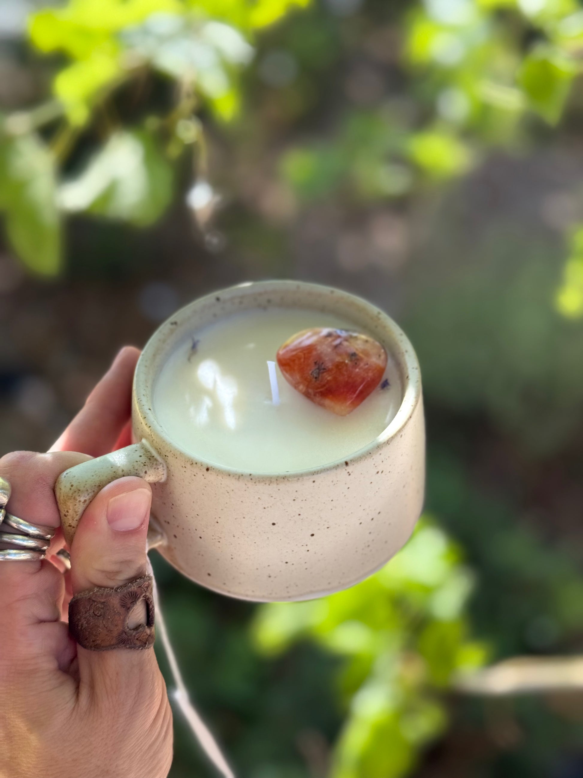 Snickerdoodle candle, Mug candle with crystal, Carnelian heart crystal candle, Hand-poured candles Prescott Arizona, One-of-a-kind candle, Reusable mug candle, Crystal infused candle, Cozy scented candle, Artisan candles Arizona, Gift candles with crystals