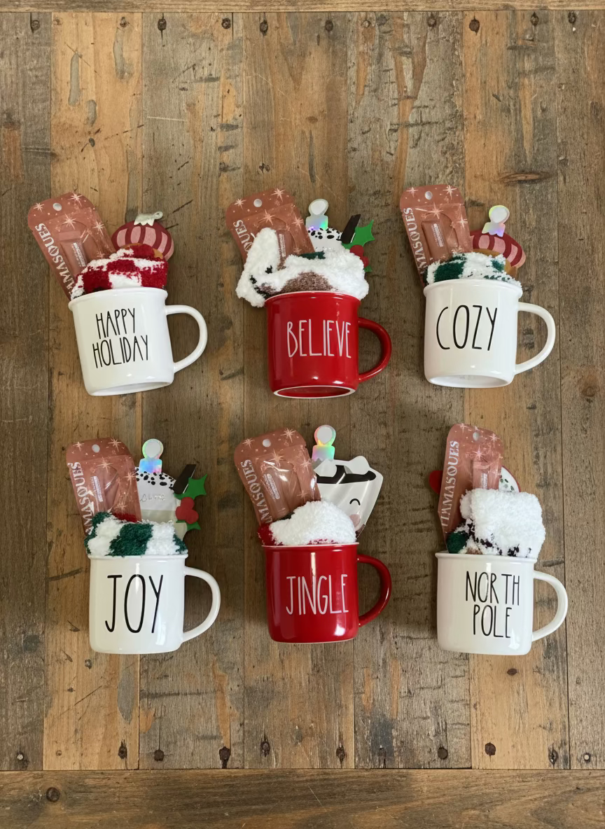 This image shows a holiday mug self-care gift set from Soul Kitchen Apothecary featuring an intuitively selected Christmas mug paired with a winter brightening face mask and a hydrating lip butter balm. This ready-to-ship holiday mini gift is designed for teacher gifts, coworker gifts, Secret Santa, and affordable Christmas gifts under $20. The set is Pinterest-worthy, cozy, and perfect as a stocking stuffer or last-minute holiday gift idea. The curated mug gift set is arranged in a festive, clean, winter a