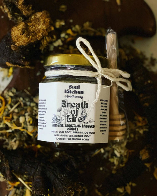 Breath of Life                                                    Infused Honey Soul Kitchen Apothecary, osha root, mullein, marshmallow root, immune booster, cold season, natural remedy for colds 