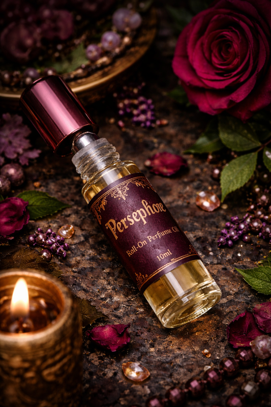 perfume oil, roll on perfume, roll on fragrance, natural perfume, fragrance oil, oil perfume, Persephone perfume, goddess perfume, underworld perfume, pomegranate perfume, floral perfume, sensual perfume, dark feminine perfume, apothecary perfume, handmade perfume, small batch perfume, indie perfume, seasonal perfume, moody perfume, Persephone aesthetic, dark feminine aesthetic, gothic aesthetic, romantic goth, ancient myth aesthetic, Greek goddess perfume, mythic perfume, artisan perfume gift, perfume gift